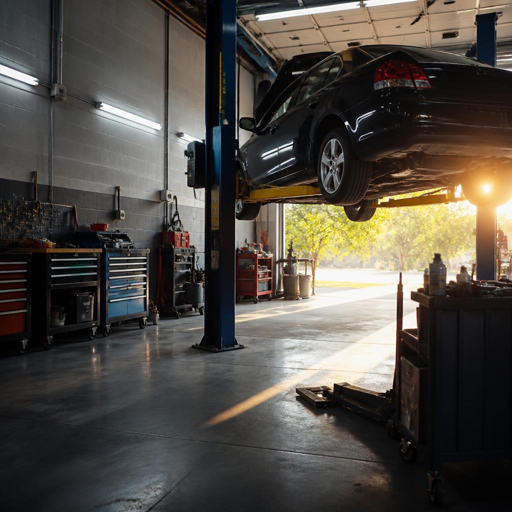 Independent auto repair garage bay lit at dusk
