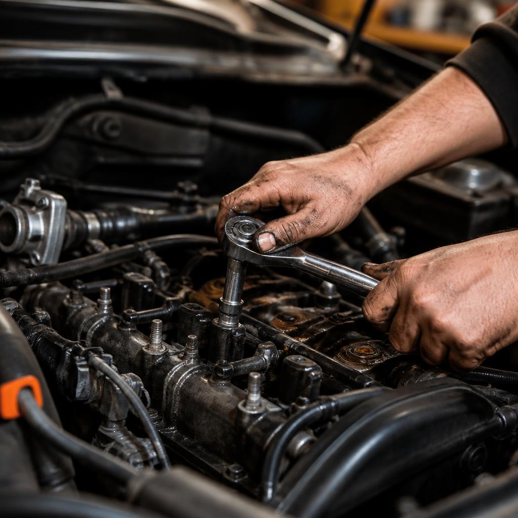 Mechanic working on an engine bay